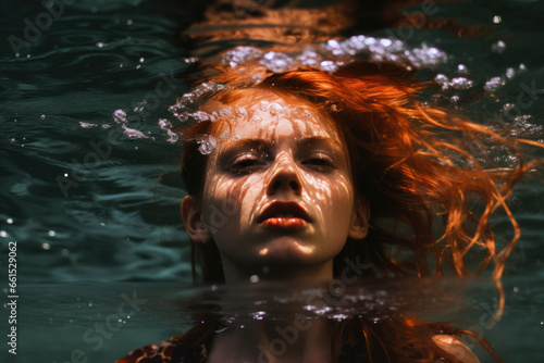 Beneath the rippling surface, a woman's portrait in the aquatic realm portrays her timeless beauty, embodying the allure of the underwater world, where elegance meets nature