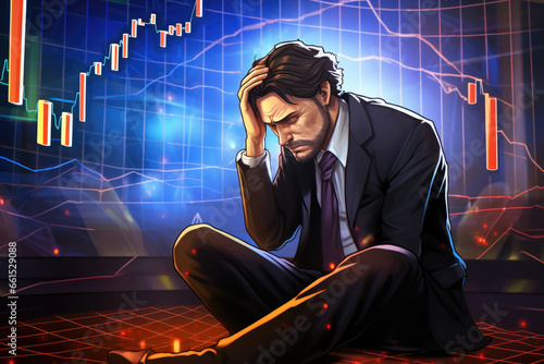 A sad and frustrated crypto trader stares at a falling stock exchange chart. He is clearly disappointed with his losses and is considering his next move