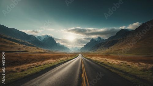 Lonely road with sky and mountains