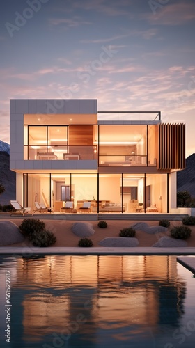 Exterior of a modern two-story white concrete house with interior lighting and glass facade with a swimming pool in front of it at sunset in warm tones. Real state photography