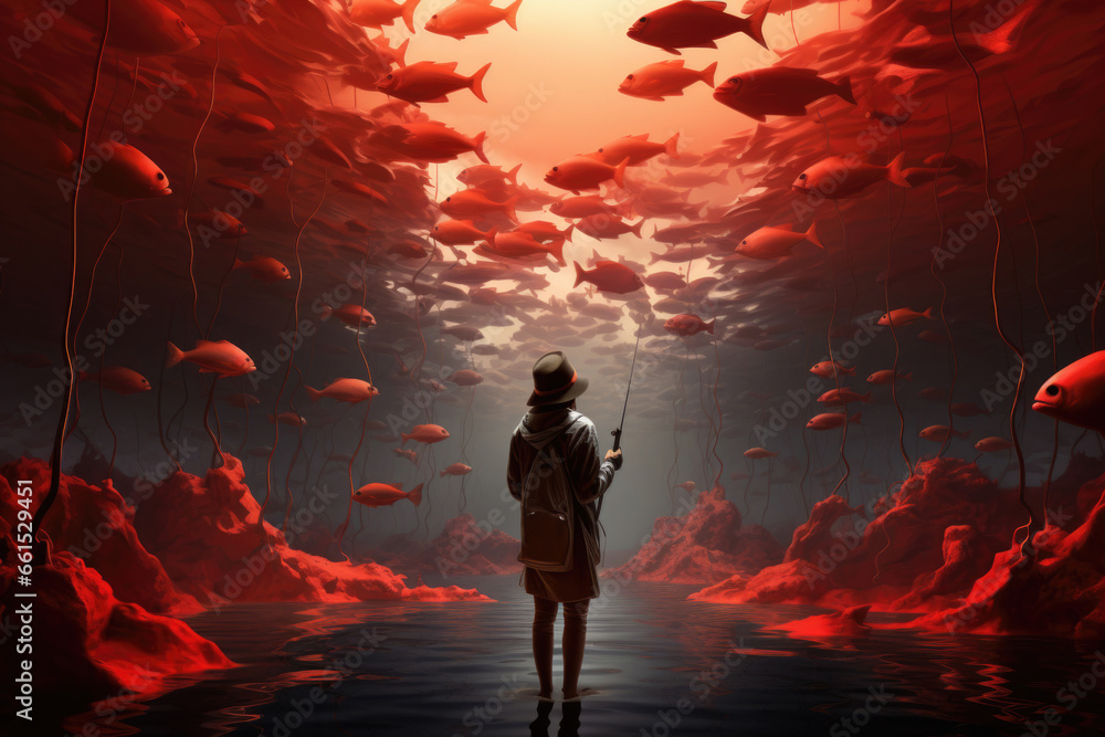 Surreal image of a woman holding a fishing rod underwater surrounded by swimming fish