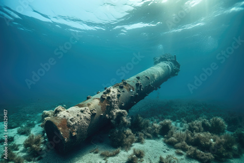 A destroyed rusty gas pipeline in the ocean. The image is a reminder of the environmental impact of war
