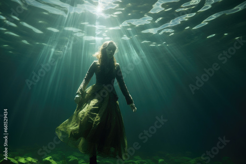 An artistic underwater composition showcasing a woman in elegant clothing submerged, the subtle movements creating a balletic display beneath the surface