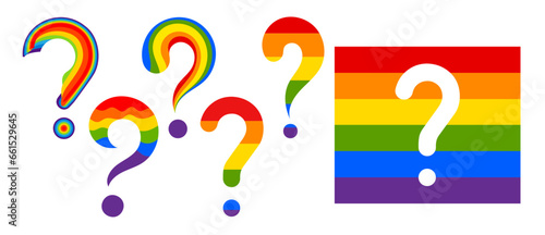 A set of question marks colored in the colors of the LGBT flag.