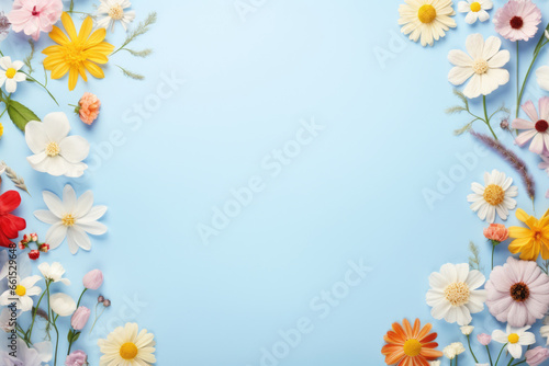 Small spring flowers on the blue background with copy space, flat lay