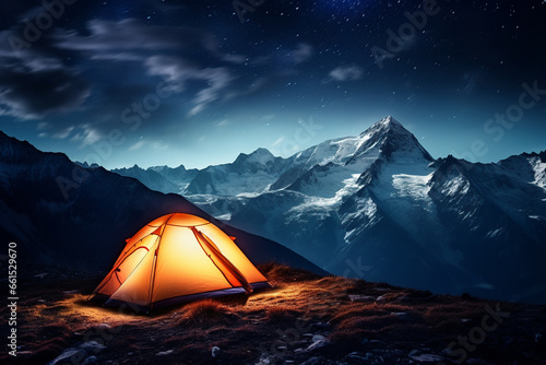 tent in the mountains at night. traveling in the mountains with tents. tourism. generative ai
