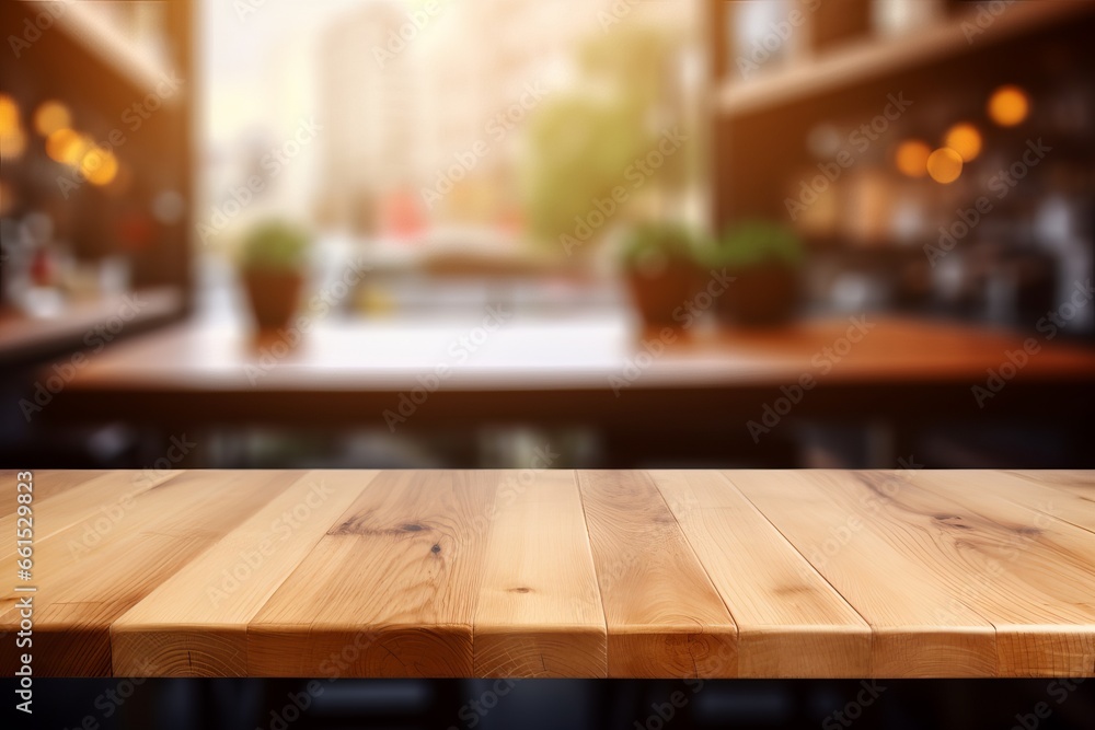 Empty beautiful wood table top counter and blur bokeh modern kitchen interior background in clean and bright,Banner, Ready for product montage Empty beautiful wood table top counter and blur bokeh modern kitchen interior background in clean and bright,Banner, Ready for product montage