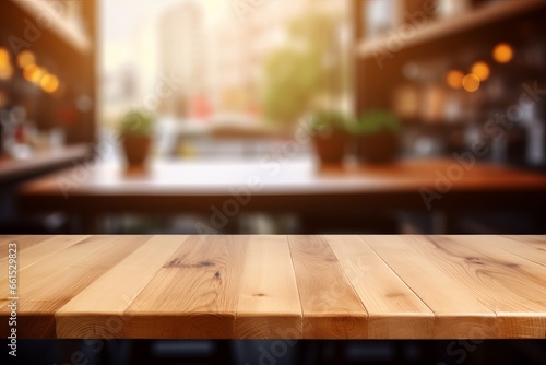 Empty beautiful wood table top counter and blur bokeh modern kitchen interior background in clean and bright Banner  Ready for product montage