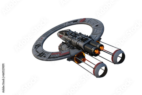 Fototapeta Naklejka Na Ścianę i Meble -  Science fiction fantasy space ship flying away with engine burners glowing. Isolated 3D rendering.