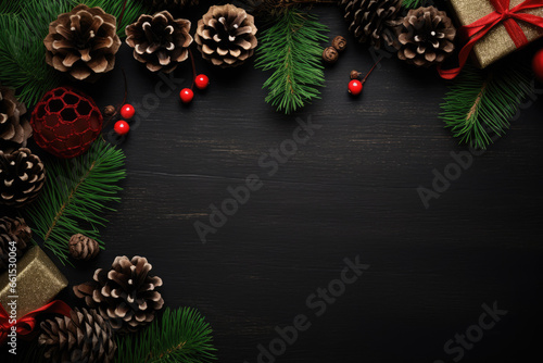 Christmas tree background. Christmas decoration, red balls, snowflakes and pine cones, white light garland, pine cone, fir branches. Flat lay Christmas tree background. Christmas card with copy space