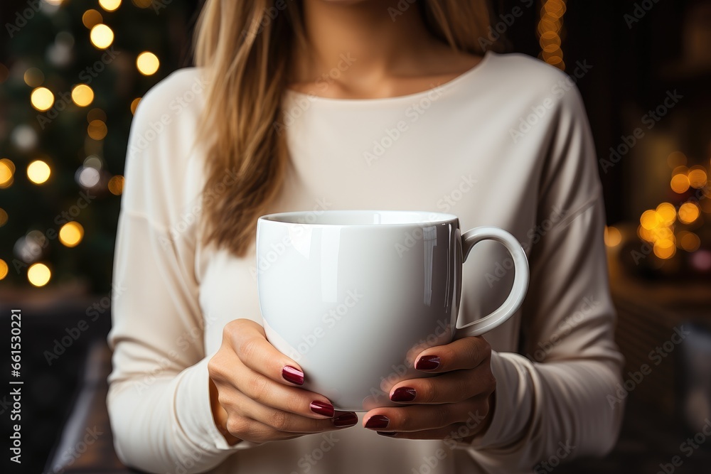Empty blank mock up of white cup in woman hands Empty blank mock up of white cup in woman hands