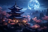 Stunning oriental shrine on a mountain adorned with cherry blossoms at night, illuminated by a shining moon. Generative AI