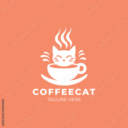 An adorable cat vector icon of a kitten with a coffee cup, a versatile logo symbol with a charming cartoon character illustration design.