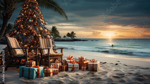 Caribbean Christmas at the beach. Sand, palm trees and colorful gift boxes. Xmas poster or card design. Copy space