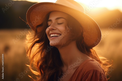 Happy young woman in a hat smiling on the field with sunset light