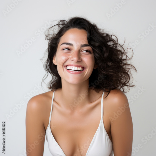 photography of a dark haired model beautiful woman with white background, lifestyle, smiling