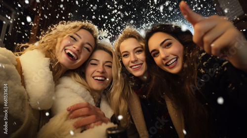 Celebration, friends, bachelorette party, technology and christmas holidays concept - happy women with smartphone taking selfie at night club over snow.