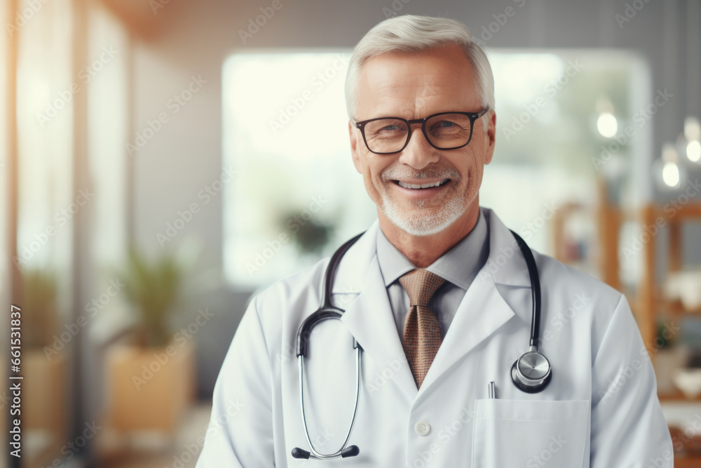 Male doctor in white coat with a stethoscope standing with crossed hands in the clinic Male doctor in white coat with a stethoscope standing with crossed hands in the clinic