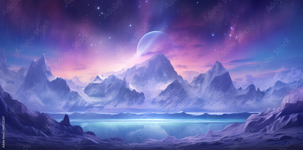 Snow-Capped Mountains Meet Sea in Cosmic Fantasy Landscape