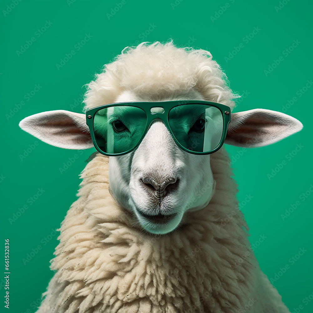 A close up look of a white sheep with beautiful green color sunglass isolated on green background