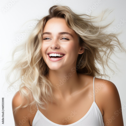 photography of a blonde model beautiful woman with white background, lifestyle, smiling