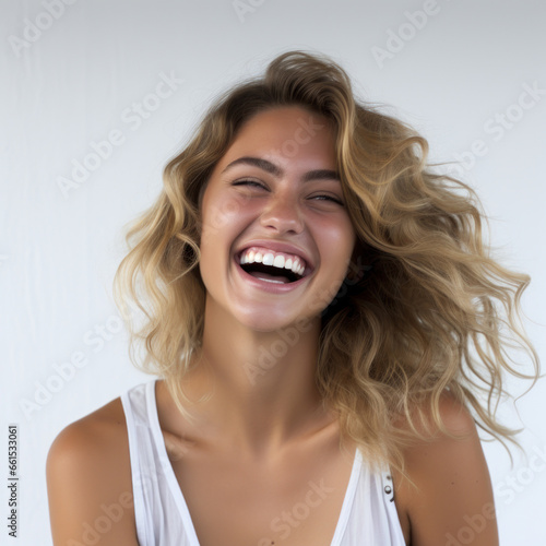photography of a blonde model beautiful woman with white background, lifestyle, smiling