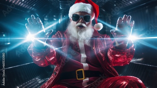 A party man dressed as Santa Claus who looks like he s shooting blinding lasers from his hands. Futuristic style.