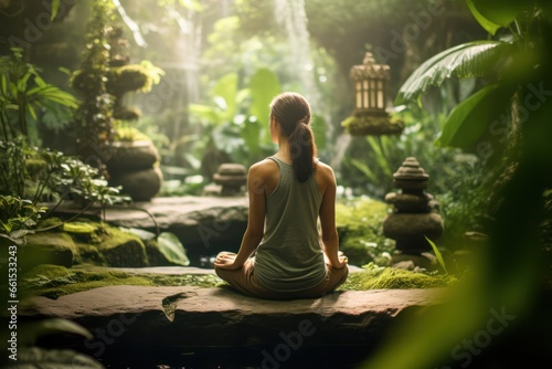 Lotus tranquility: woman's silhouette in meditation against garden's lush and zen backdrop