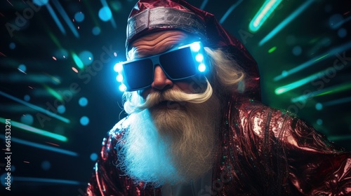 A bearded man in modern glasses with lights, dressed as a futuristic Santa Claus. Perfect for catching customers' attention.