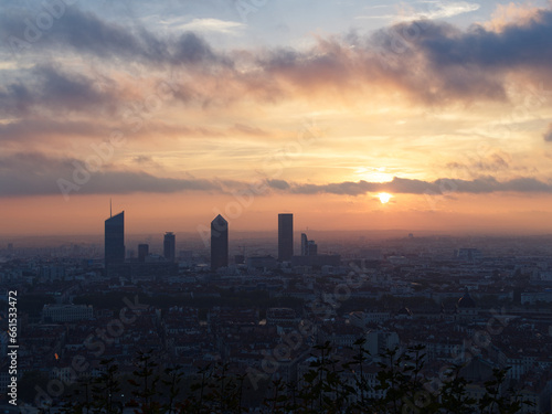 Cloudy and foggy sunrise over Lyon skyline  view from Fourviere hill  Lyon  France