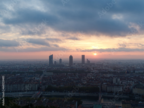 Cloudy and foggy sunrise over Lyon skyline, view from Fourviere hill, Lyon, France © EricG