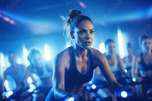 Team fitness Group bicycle tainting engaged in high-intensity workouts, under spirited lights