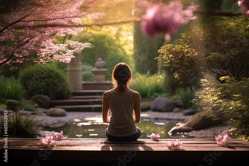 Meditation bloom: a peaceful pose set against vibrant flowers and the garden's verdant embrace