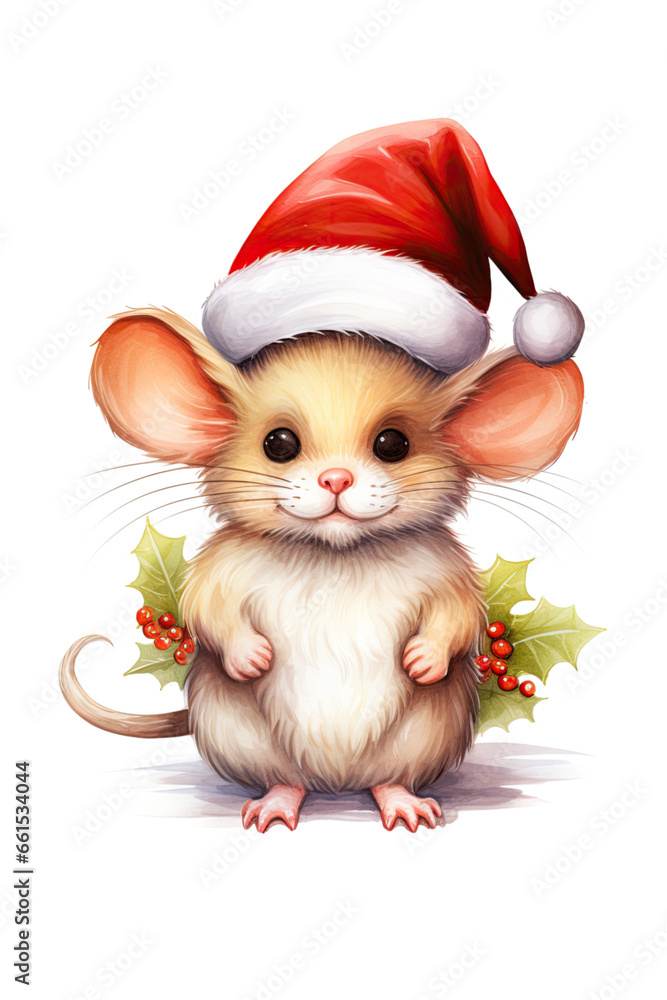 Mouse with Christmas hat isolated on a white background watercolor style Mouse with Christmas hat isolated on a white background watercolor style