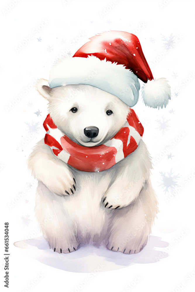 Polar bear wearing a Santa hat isolated on a white background watercolor style