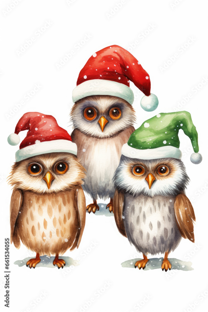 Group of Three owls wearing a Santa hat isolated on a white background watercolor style Group of Three owls wearing a Santa hat isolated on a white background watercolor style