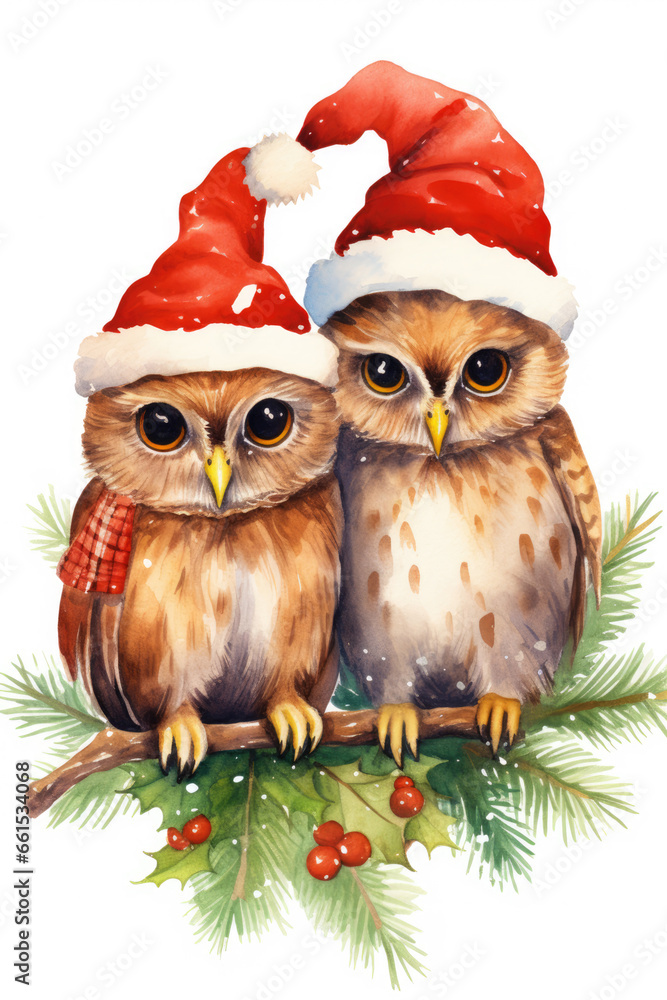 Two owls wearing a Christmas Santa hat isolated on a white background watercolor style Two owls wearing a Christmas Santa hat isolated on a white background watercolor style