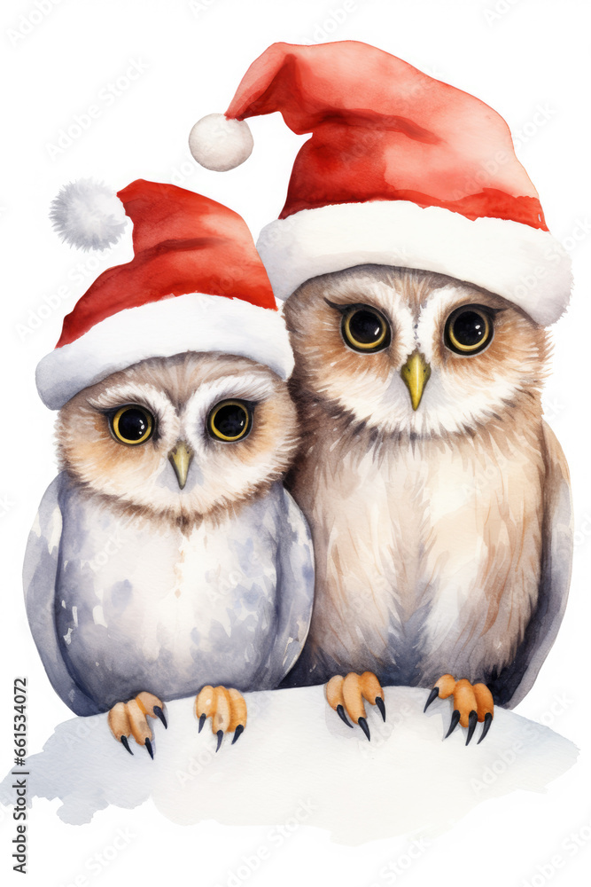 Two owls wearing a Christmas Santa hat isolated on a white background watercolor style Two owls wearing a Christmas Santa hat isolated on a white background watercolor style