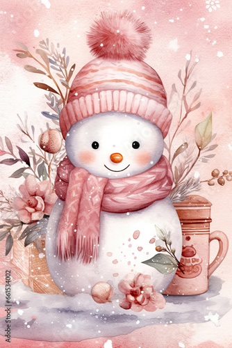 Cute pastel pink snowman watercolor style