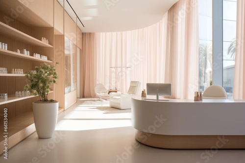 Contemporary spa interior: vacant reception area, sleek counter design, minimalist flair modern