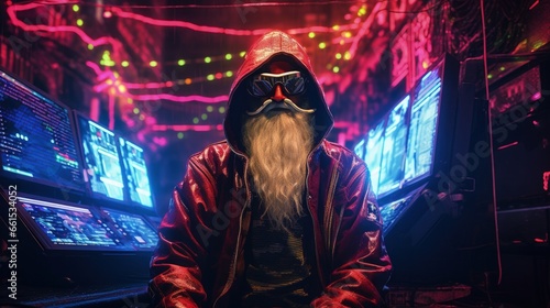 Cyberpunk Santa in the cyber operations center
