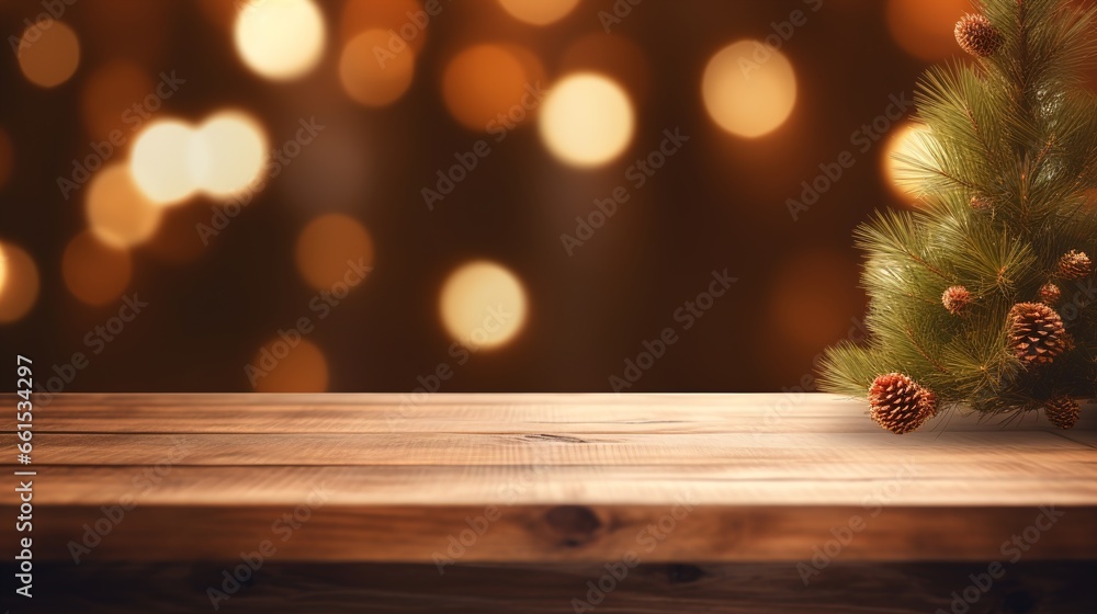 Close-Up of a Light Brown Wooden Table with a Christmas Tree in a Blurry Winter Night Background, Ideal for Product Placement in the Festive Holiday Season
