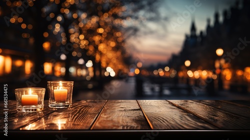 Close-Up of a Light Brown Wooden Table with a Christmas Tree in a Blurry Winter Night Background, Ideal for Product Placement in the Festive Holiday Season 