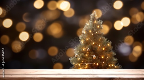 Close-Up of a Light Brown Wooden Table with a Christmas Tree in a Blurry Winter Night Background  Ideal for Product Placement in the Festive Holiday Season 