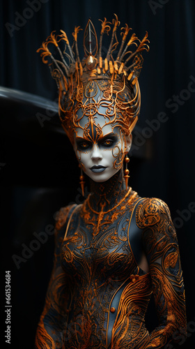 Extraordinary halloween make up, luxury fashion photography face of unknown woman, wearing futuristic haute couture halloween costume. AI Generation © Elena