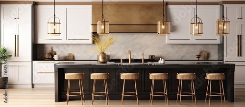 A white kitchen with white oak cabinets leather chairs at an island and a black and gold light overhead With copyspace for text
