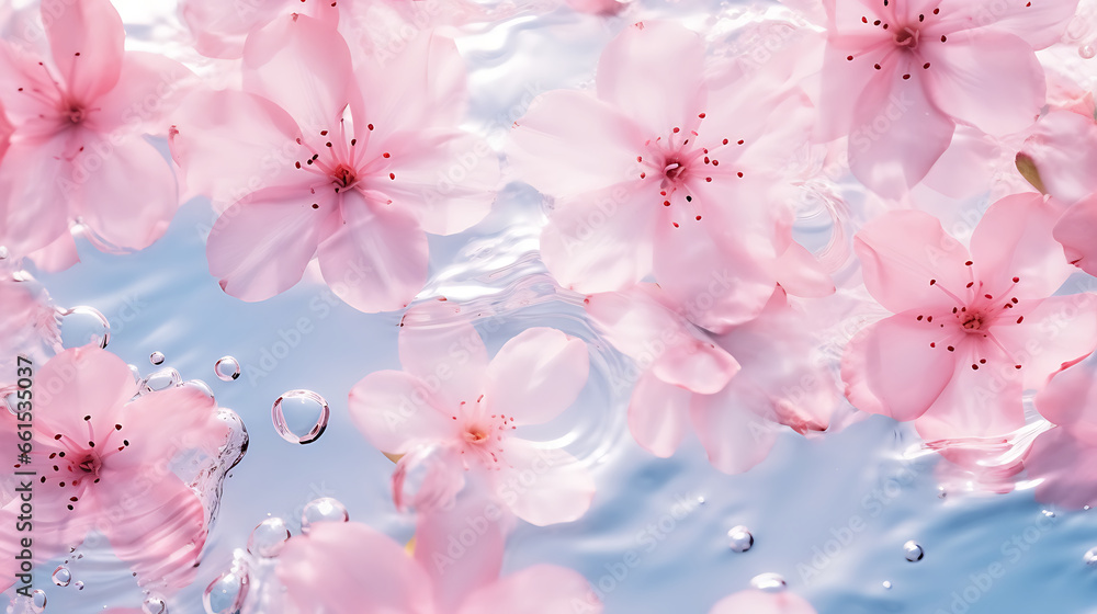 Water background. Pink aqua texture, surface of ripples, transparent, flower, shadows and sunlight. Spa and cosmetic concept background. Flat lay, top view, copy space, banner 