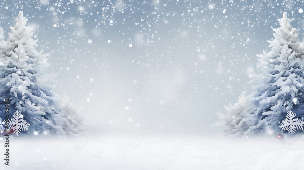 Background with Christmas snowy fir tree and Christmas toys, snow. Winter banner concept Background with Christmas snowy fir tree and Christmas toys, snow. Winter banner concept
