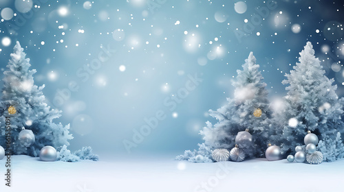 Background with Christmas snowy fir tree and Christmas toys  snow. Winter banner concept