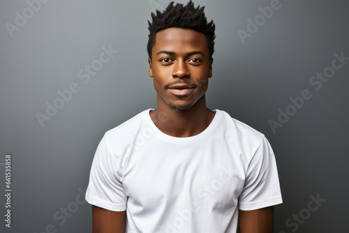 Portrait of a young Caucasian brunette man on a gray background